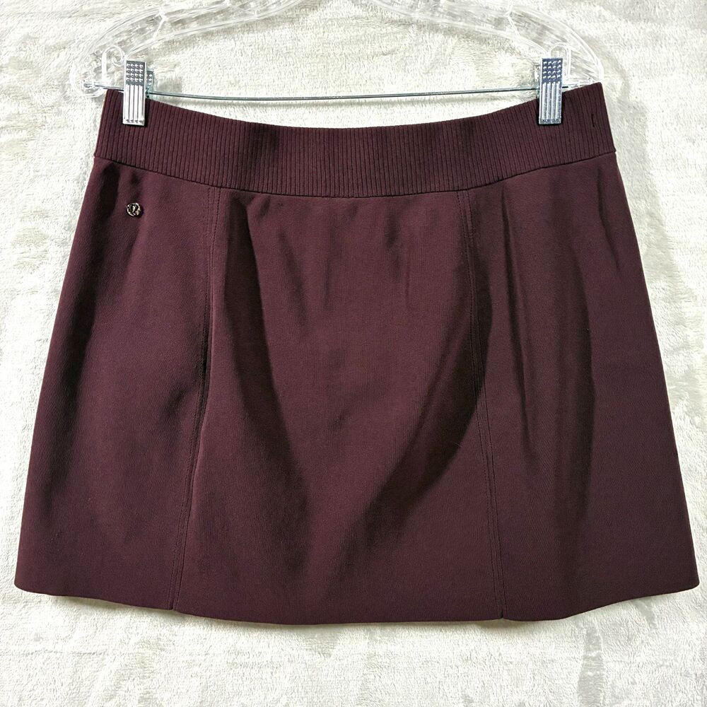 Lululemon Ribbed Knit Mini Skirt L Front Zip Garnet Burgundy Stretch Athleisure